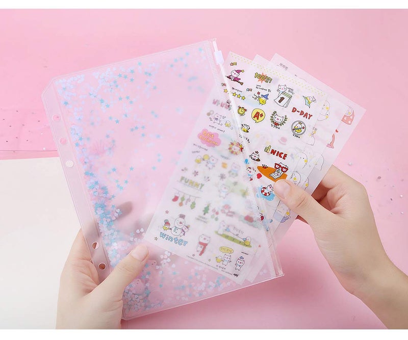 Chris.W 2 Pack Clear Plastic Zipper Pockets Envelopes for A5 6-Ring Binder Notebook, Built-in Glitter Flakes Decorations (A5 Size) - Image 4
